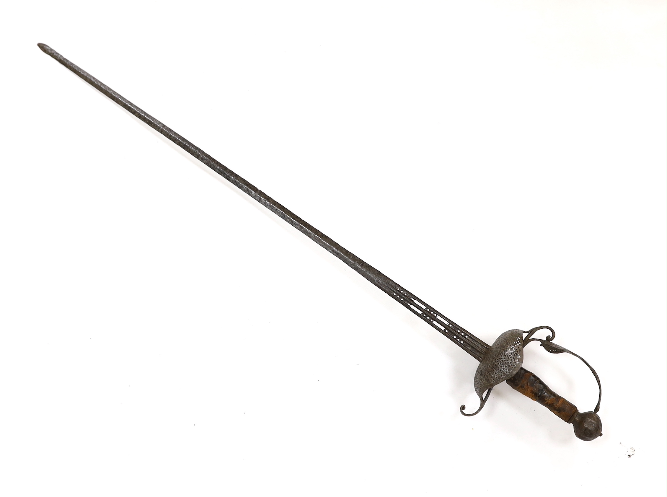 A mid 17th century English rapier, with pierced steel cup guard, loop guard and top of blade, steel pommell and leather grip, blade 77cm